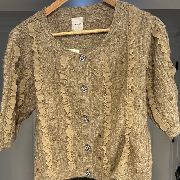 NWT - MAEVE Short-Sleeve Crystal Embellished Ruffled Cardigan Sweater - Size L - Picture 7 of 16